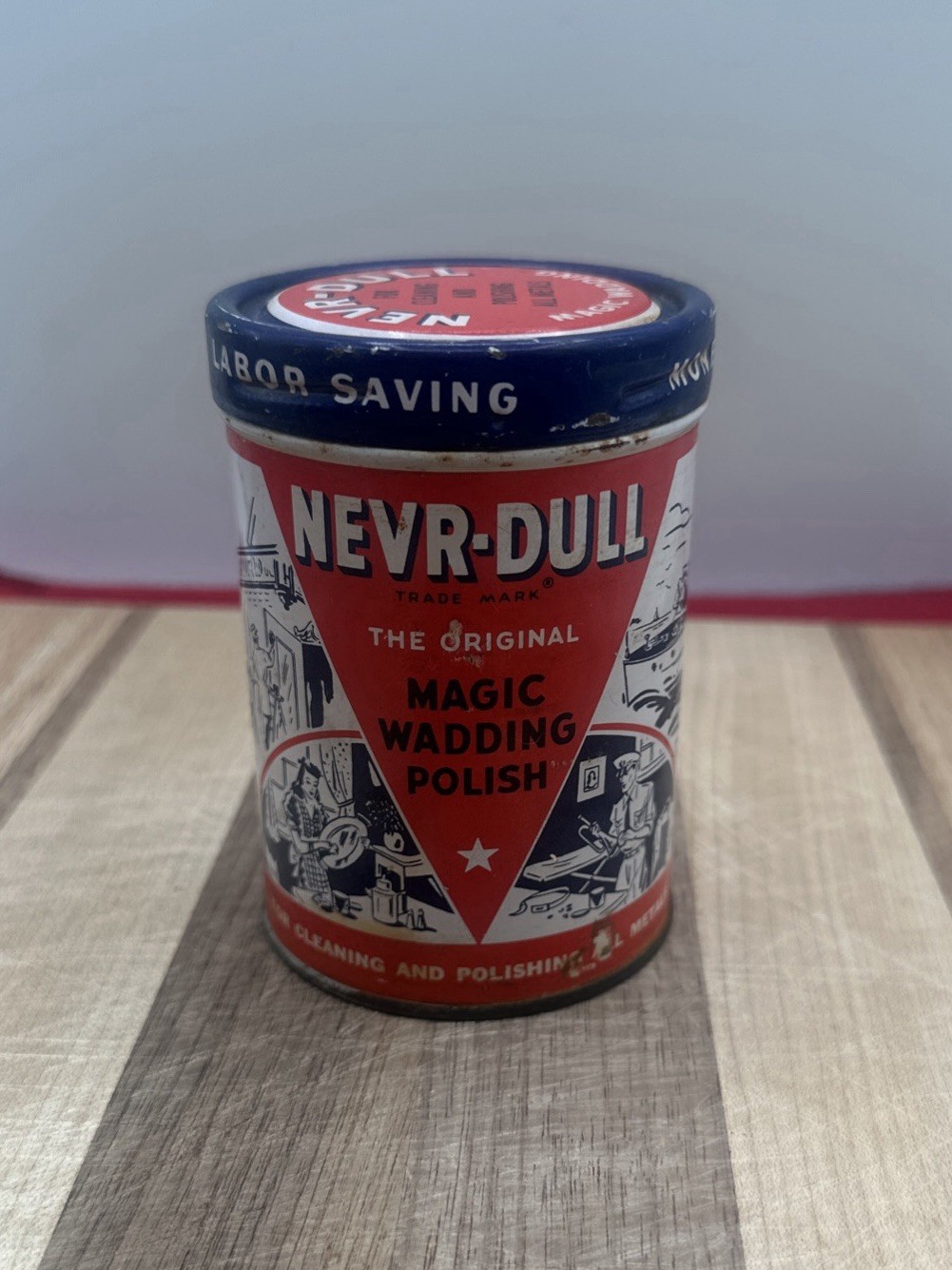 Vintage Nevr-Dull 2.5 Oz. Magic Wadding Polish Collectible Tin 1941 Can Design
