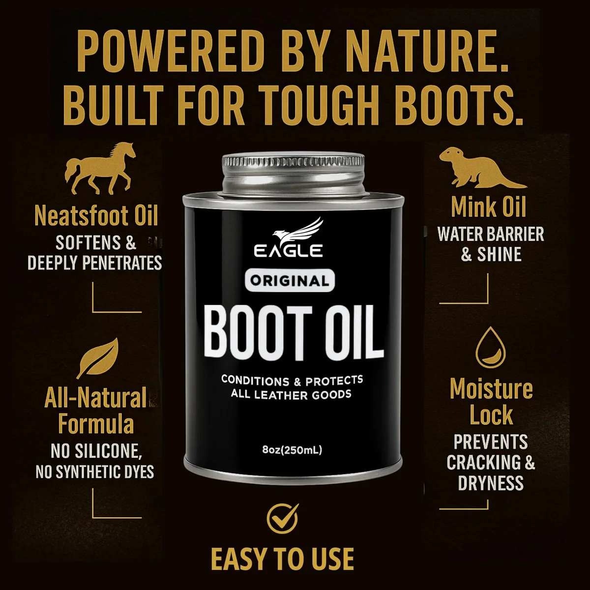 Eagle Leather Boot Oil 8.45oz w/ Applicator & Towel for Boots Bags Jackets