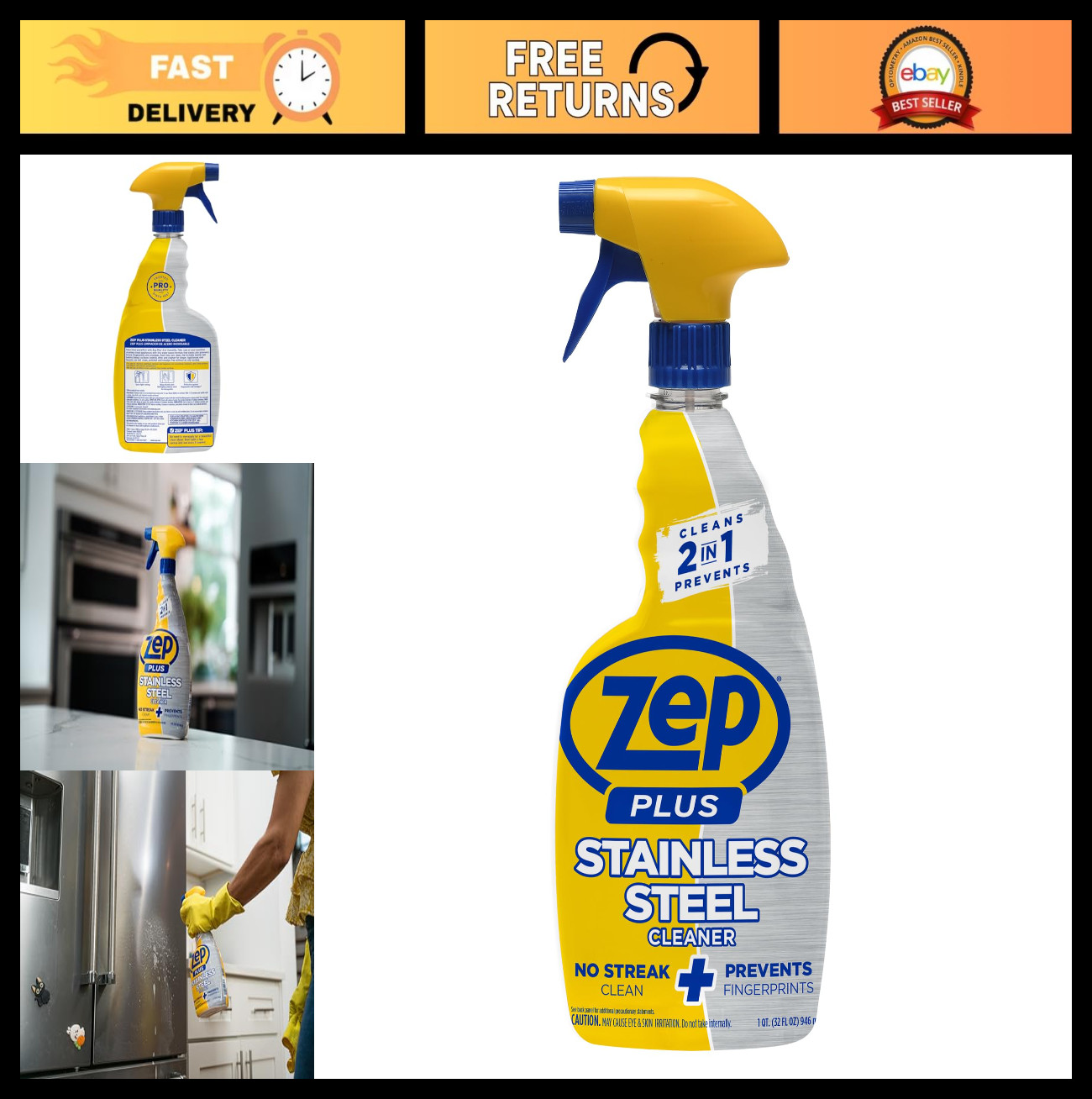 Stainless Steel Cleaner 32 Fl Oz – 2-in-1 Formula, Cleans & Prevents Fingerprint