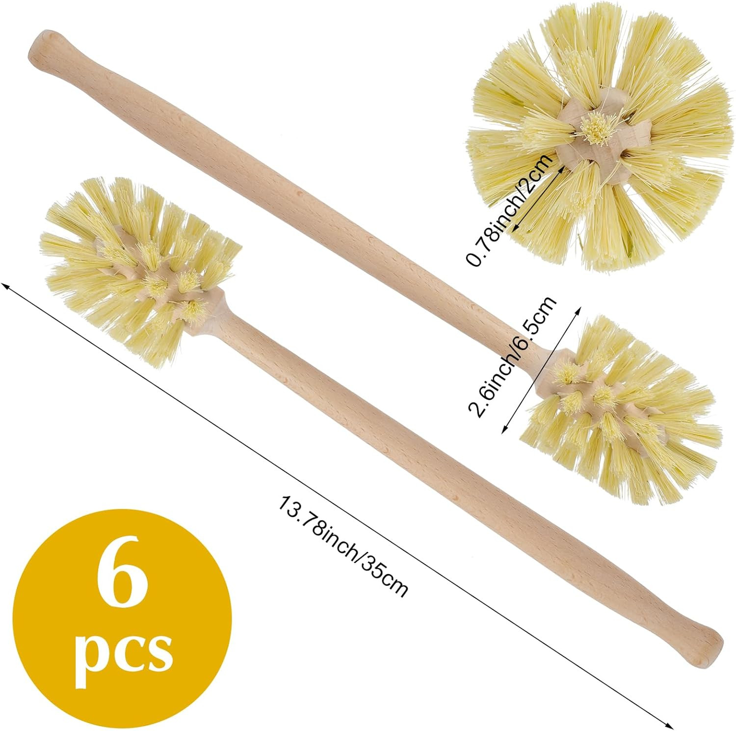 New 6 Pcs Bottle Brush Natural Wood Dish Brush Scrub with Long Beechwood Handle