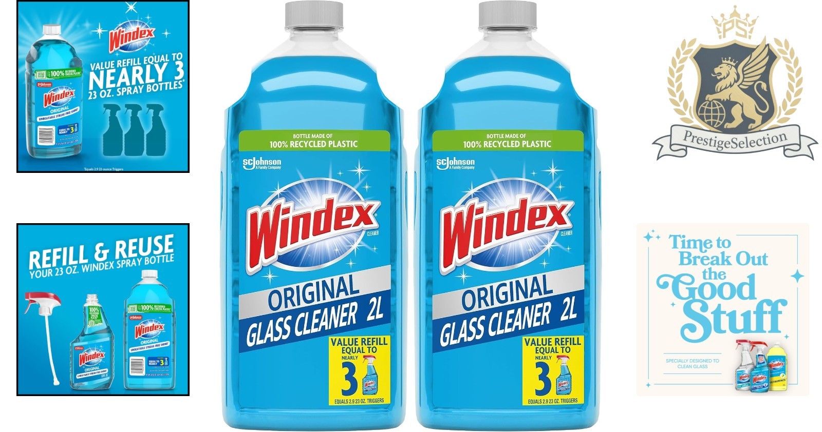 Windex Blue Glass Cleaner Refill – 100% Recycled, 67.6 Fl Oz (2 Pack)