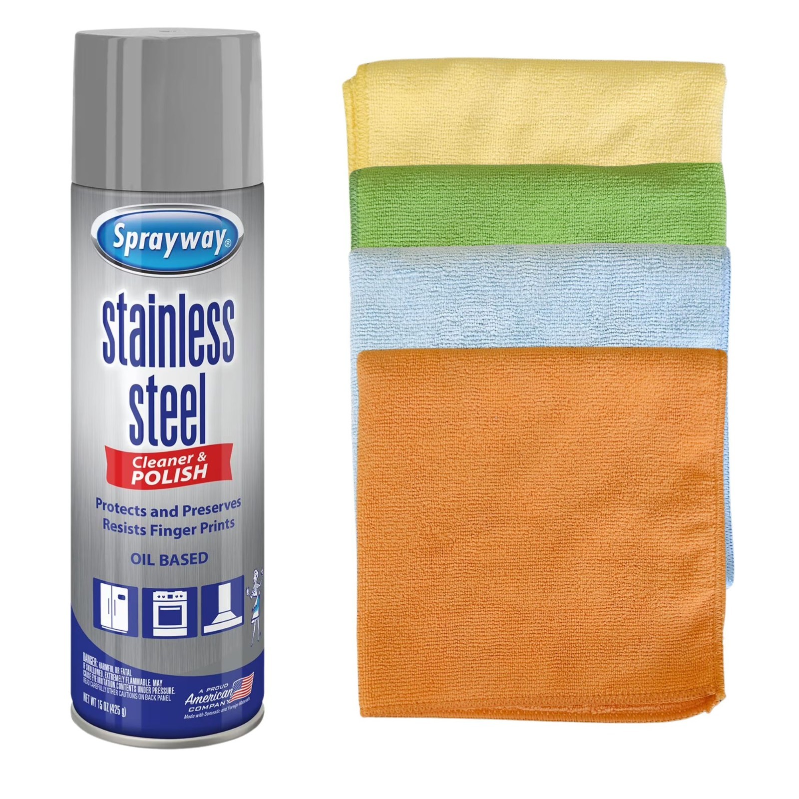 Sprayway Stainless Steel Cleaner and Polisher 15oz with 16×16 Microfiber Cloths