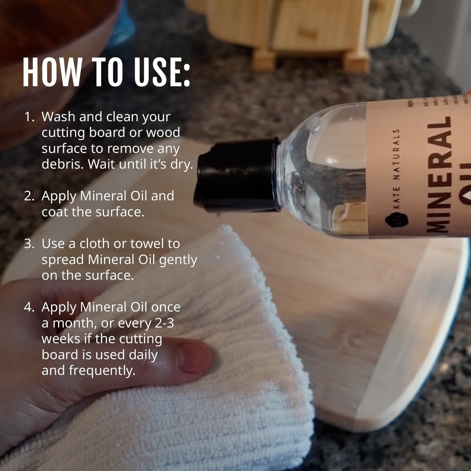 Kate Naturals Mineral Oil for Wood Cutting Board, Butcher Block, and Knife. Food