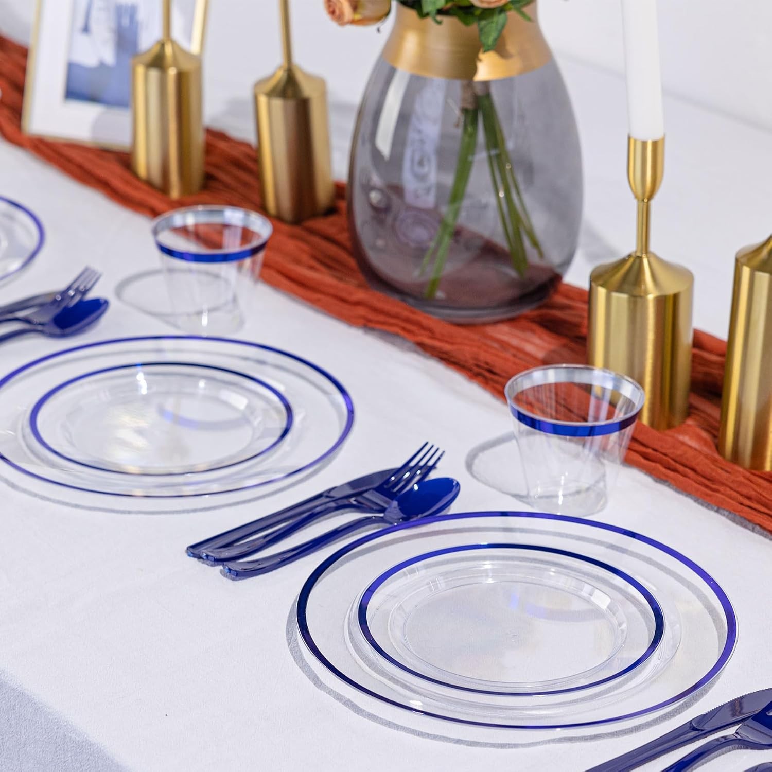 350 PCS Dark Blue Plastic Dinnerware Set for Party, Clear Disposable Plates fo