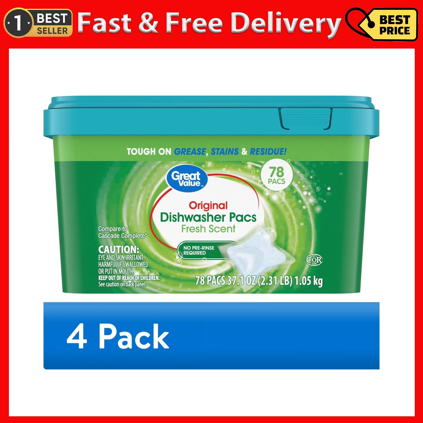 (4 Pack) Great Value Automatic Dishwasher Pacs, Fresh Scent, 78 Count