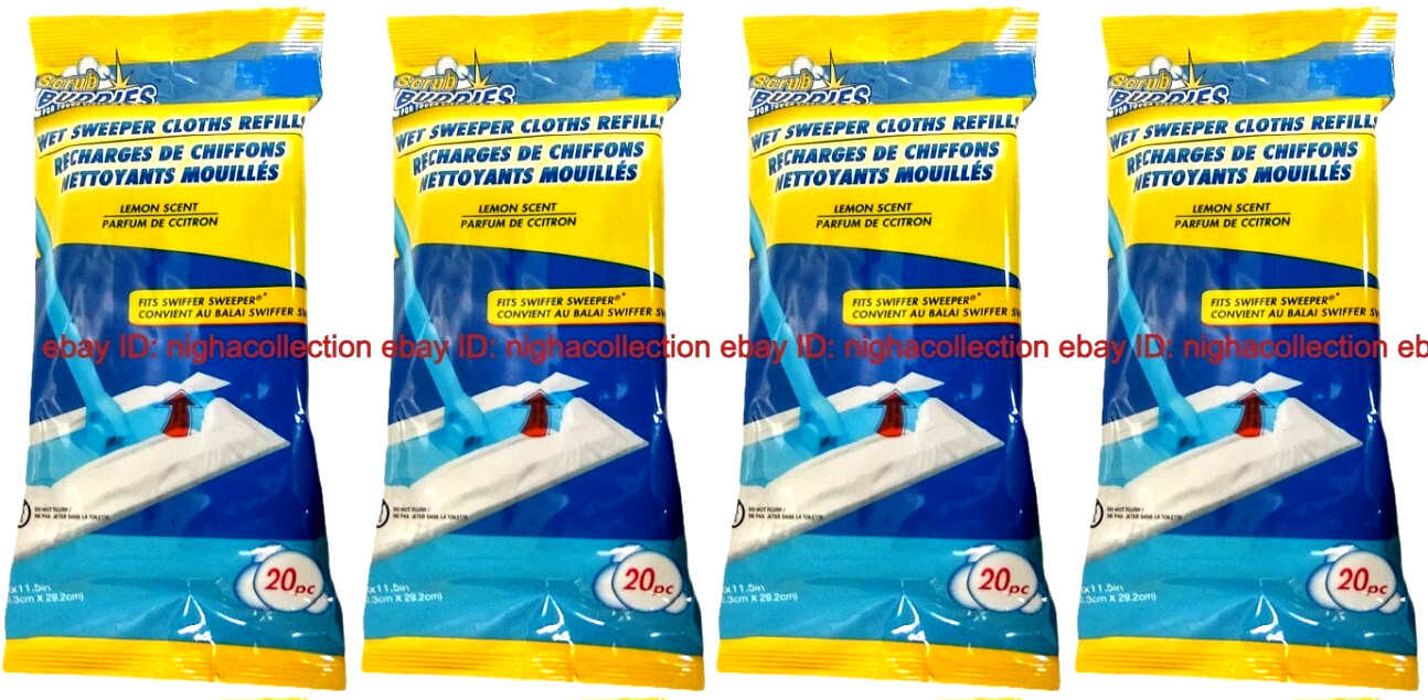 4 X 20-ct. Total Scrub Buddies Lemon Wet Sweeper Mopping Cloth Refills SEALED