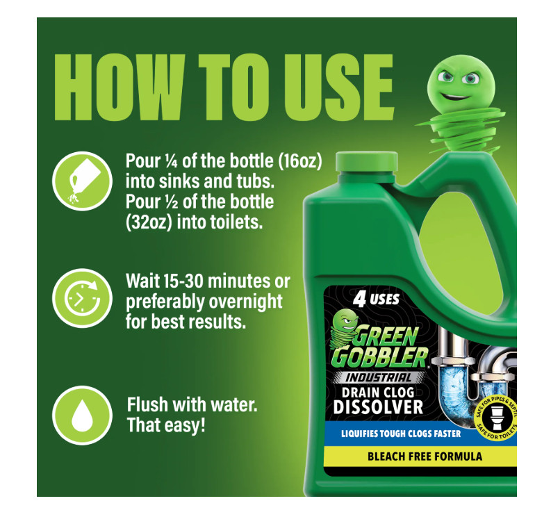 Green Gobbler Industrial Strength Drain Clog Remover & Cleaner Liquid Gel- 64oz.