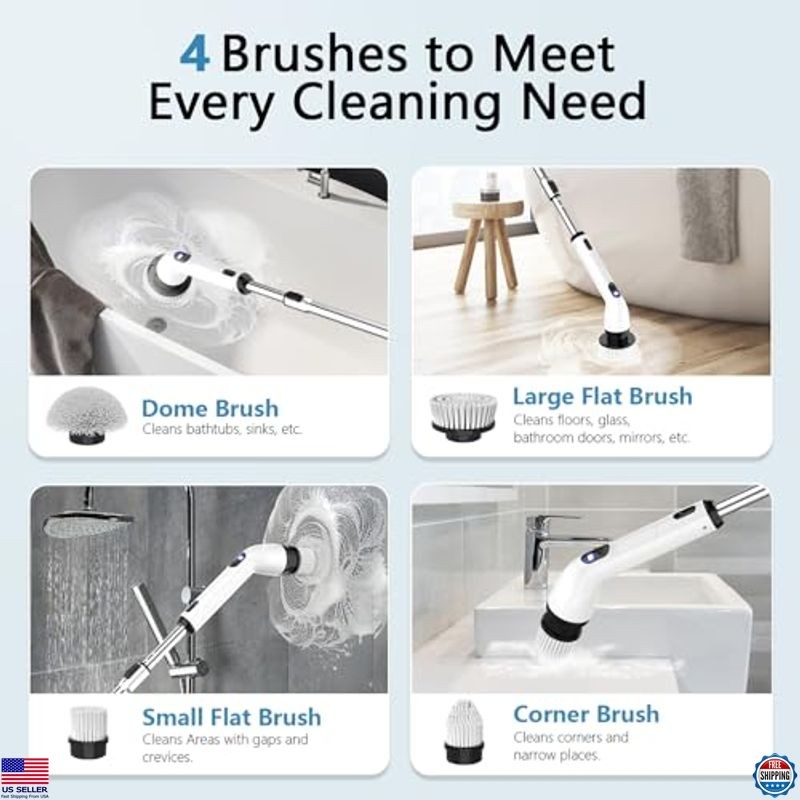 Cordless Electric Spin Scrubber, IPX7 Waterproof, Adjustable Handle, LCD Display