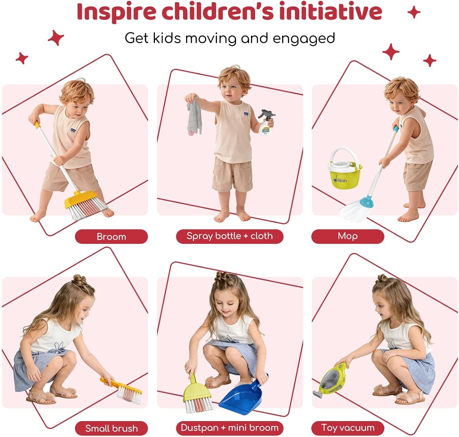 Toddler Cleaning Toy Set Kids Pretend Play Educational Kit with 2-in-1 Toy