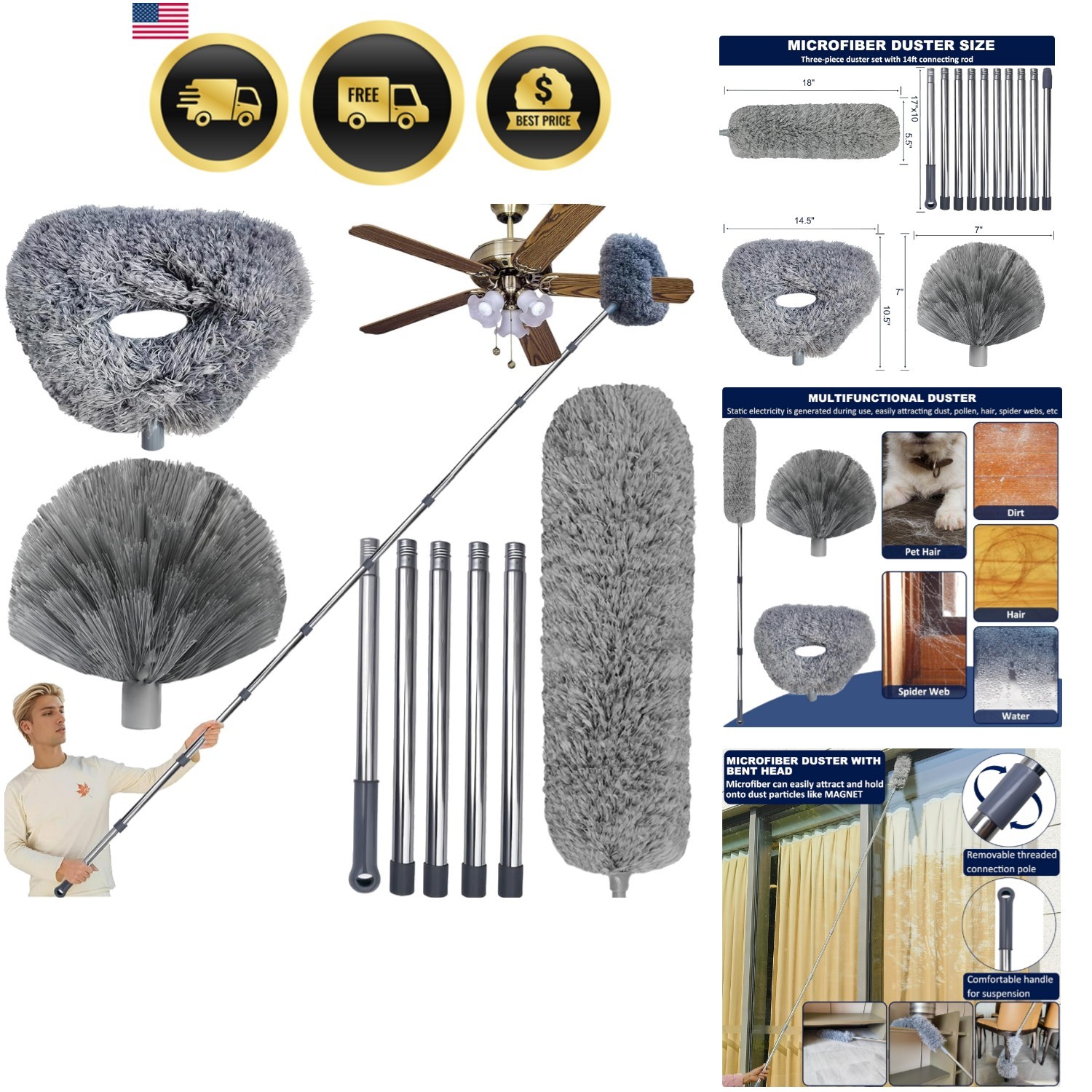 20+ Ft High Ceiling Fan Duster & Cobweb & Corner Brush Duster with 3-14 ft S…