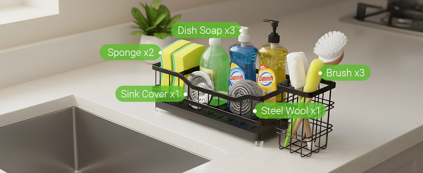 Sponge Holder for Kitchen Sink, Rustproof Sink Caddy Organizer with Dish Brush