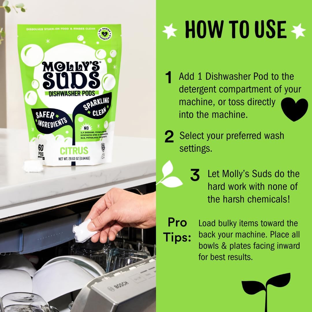 Molly’s Suds Dishwasher Pods Citrus 60 Tabs Grease Cutting Residue-Free
