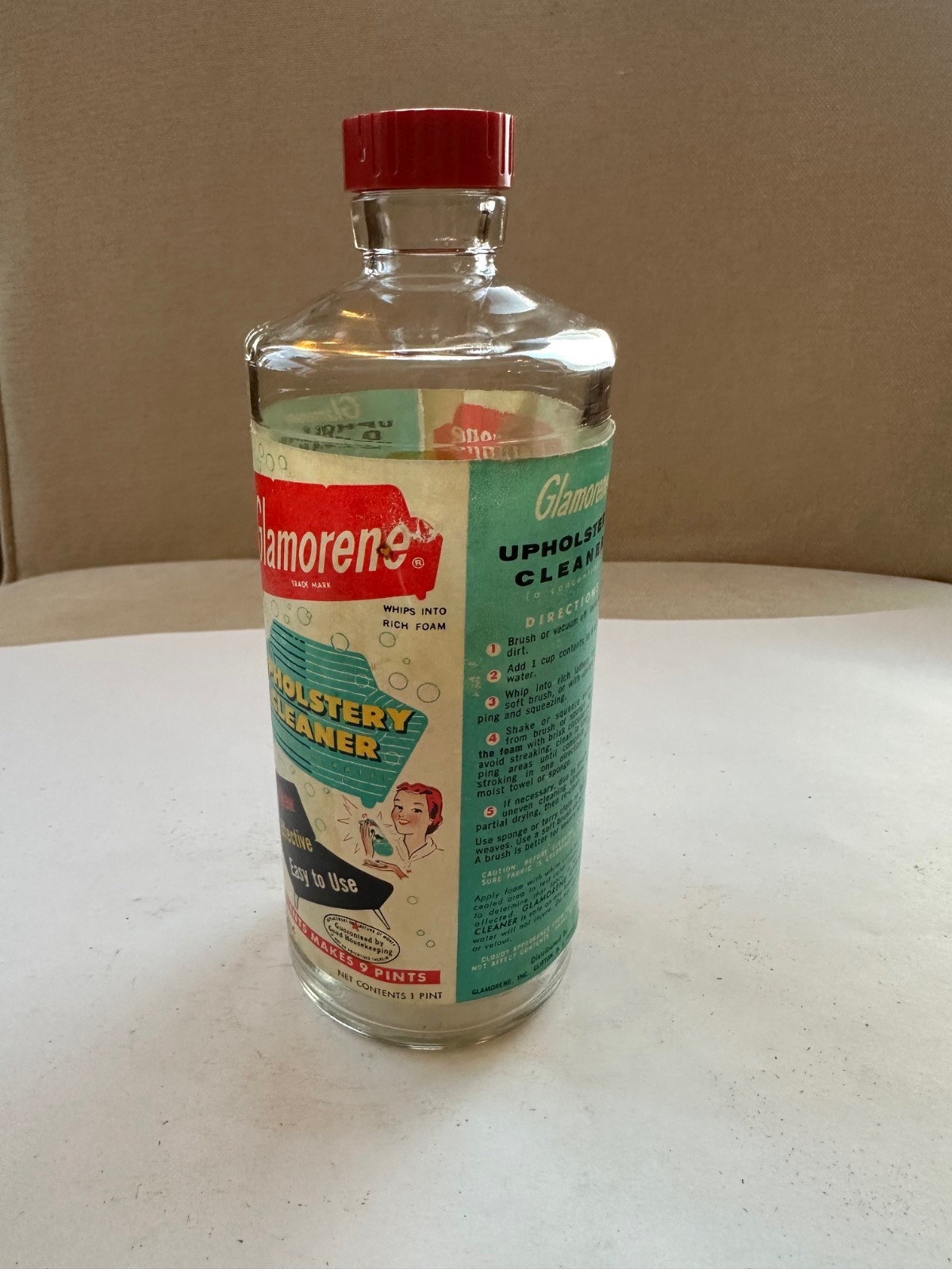 Vintage Glamorene Upholstery Cleaner One Pint Bottle With Lid. No contents.