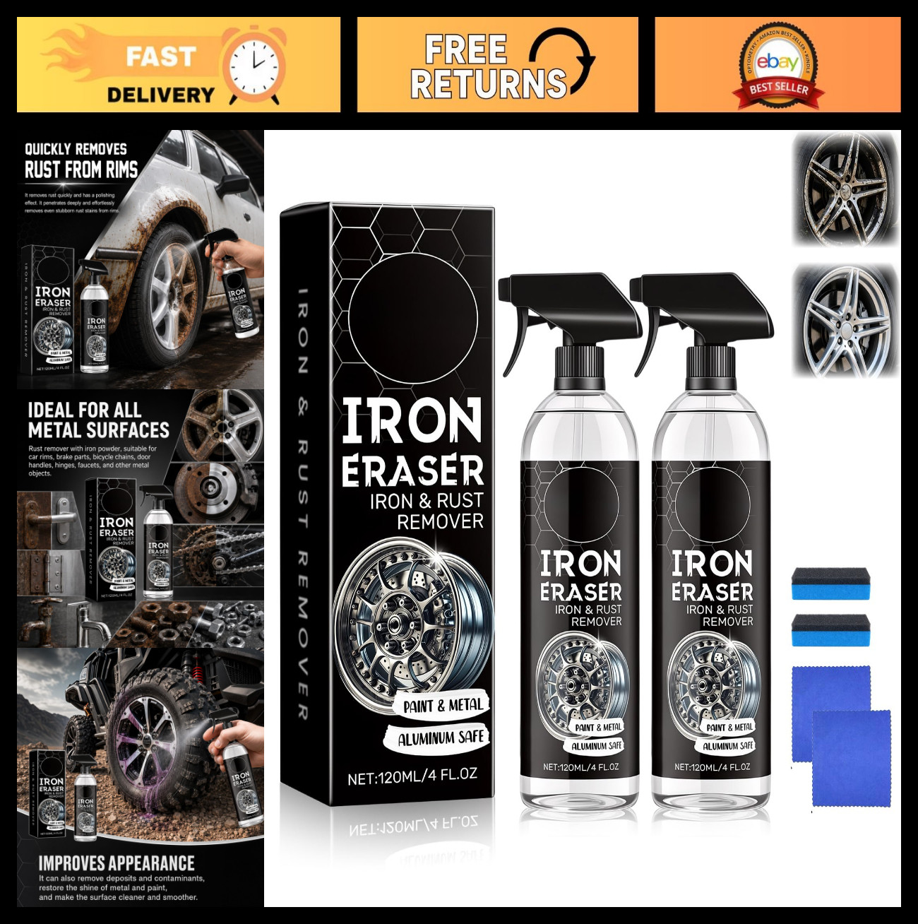 2PCS Fast Acting Iron Eraser Rust Remover Spray for Car Wheels & Paint, Brake Du