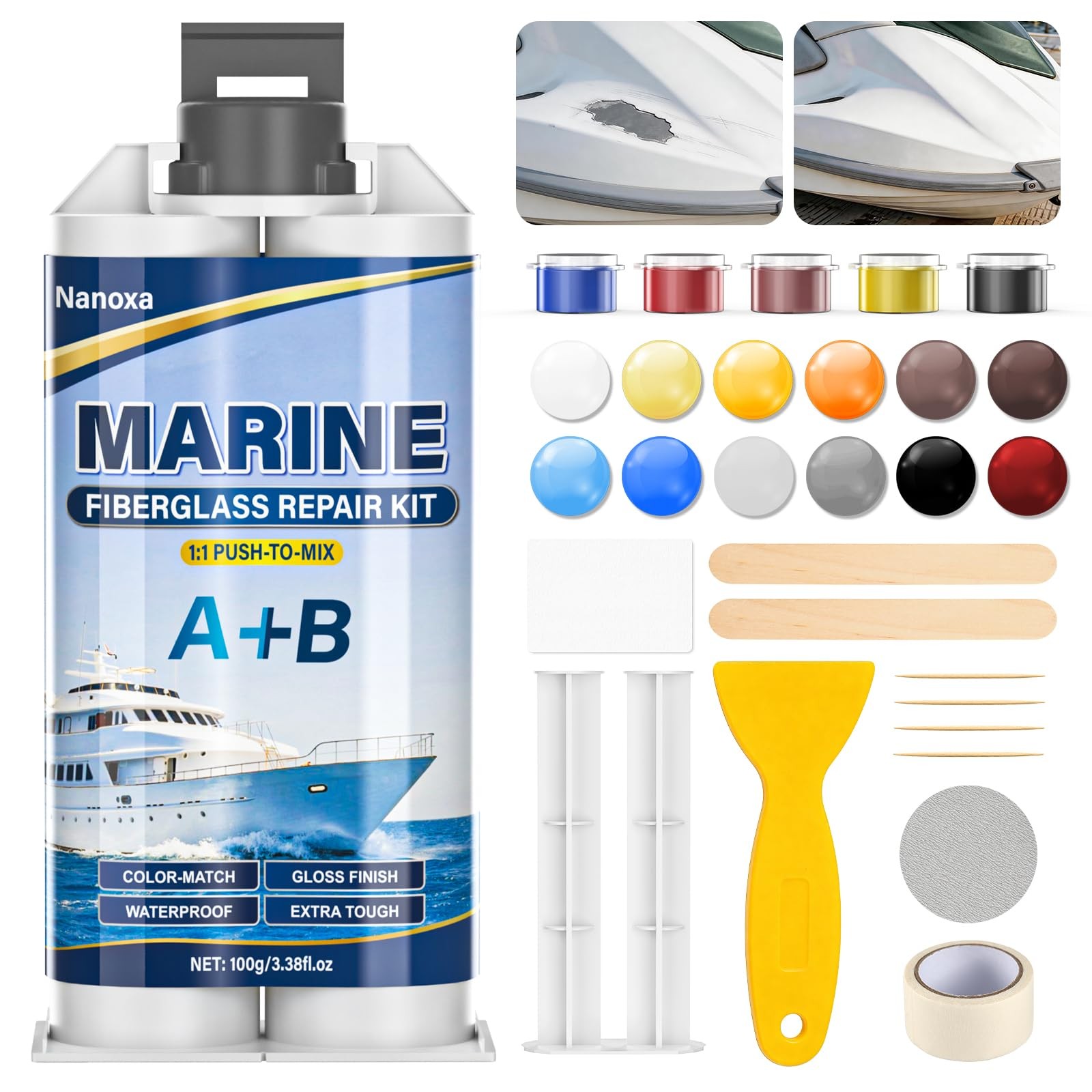 Marine Fiberglass Repair Kit, Gel Coat Repair Kit for Boats with Color Match,…