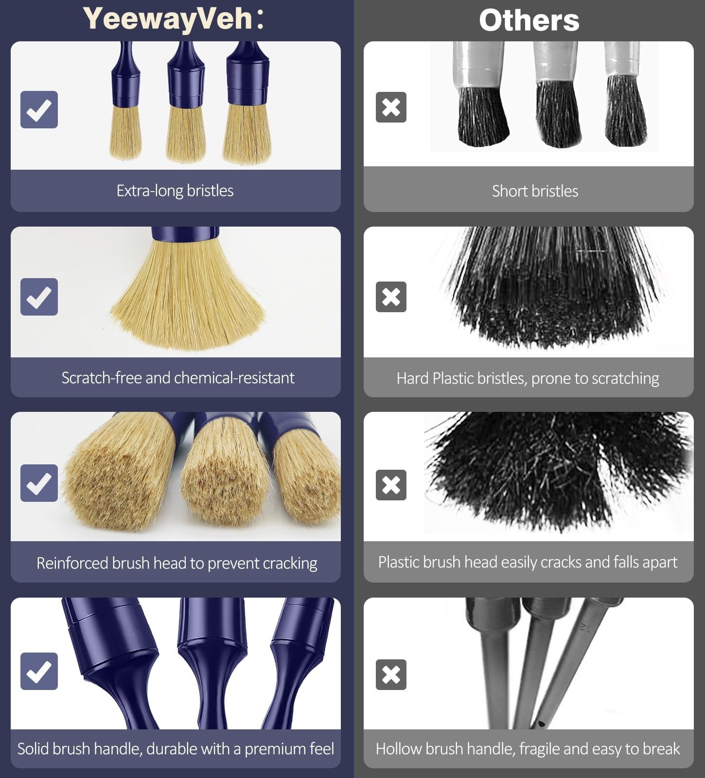 Car Detailing Brush Set, 3 Pack Ultra Soft Boars Hair Detailing Brushes for