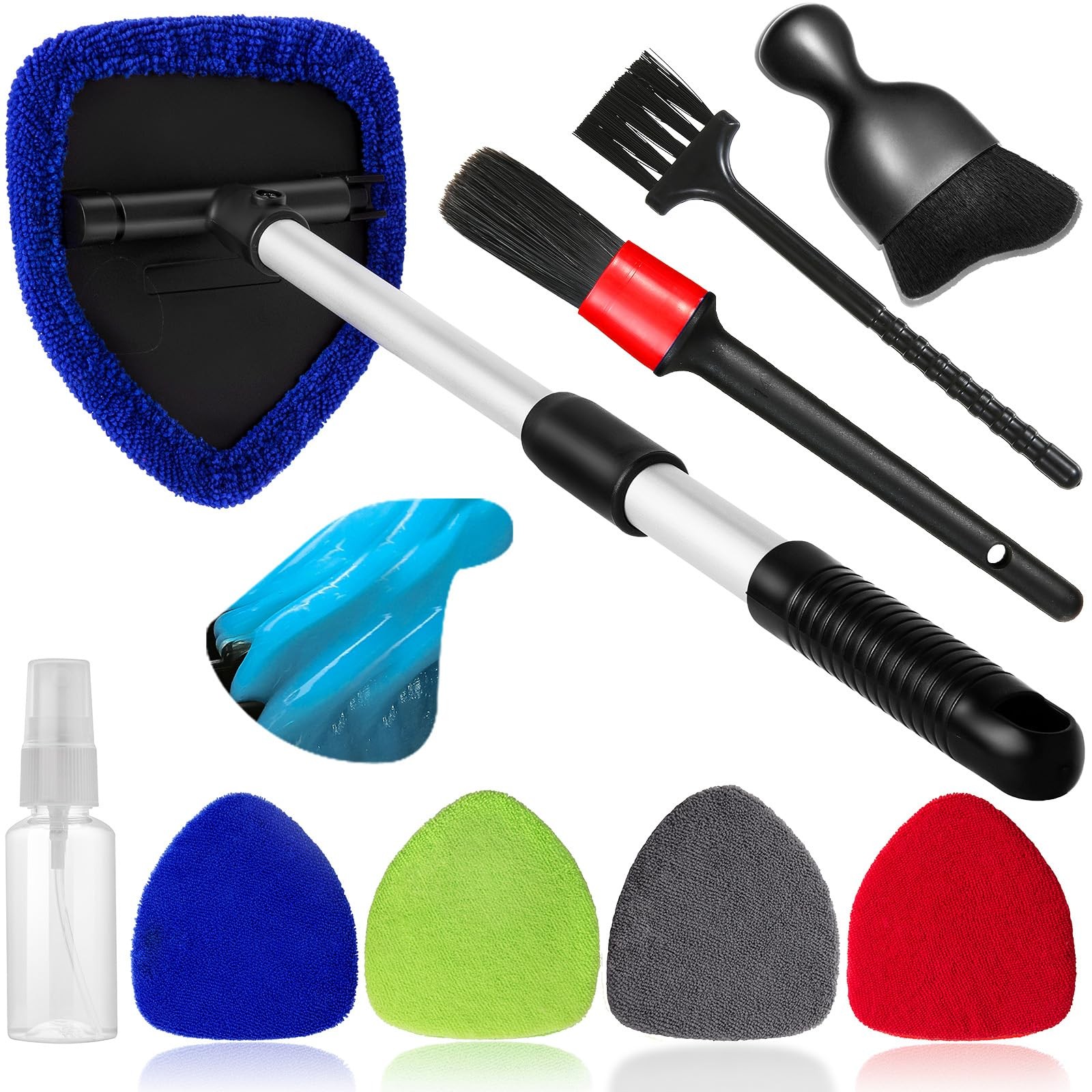 Windshield Cleaner Tool Kit with Microfiber Pads, Spray Bottle & Extendable