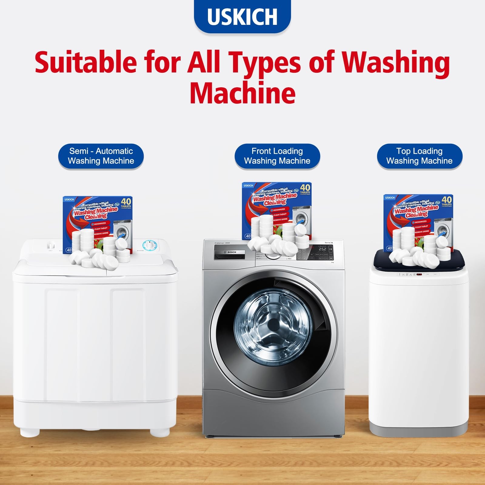 USKICH Washing Machine Cleaner Descaler 40 Pack-Deep Cleaning Tablets For HE