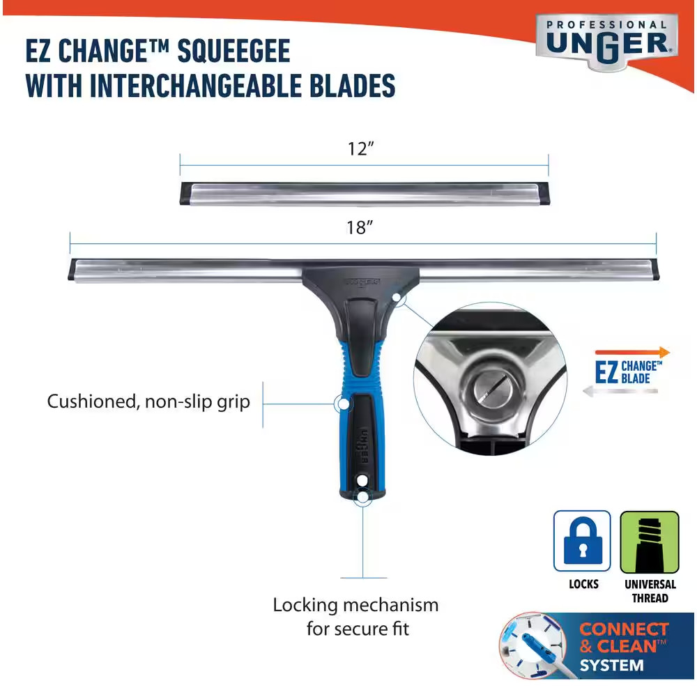 18 In. EZ Change Squeegee with 12 In. Interchangeable Blade Window Cleaner New
