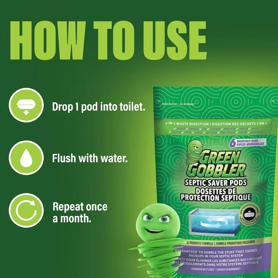 Green Gobbler Septic Tank Treatment Packets, 12 Month Supply – Natural Bacteria