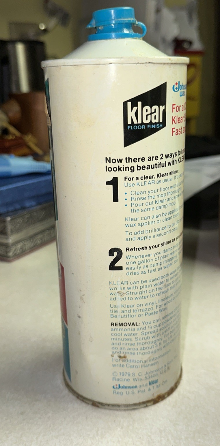 Vintage Klear Floor Finish Sc Johnson Wax 27 Oz Can 3/4 Full 1979