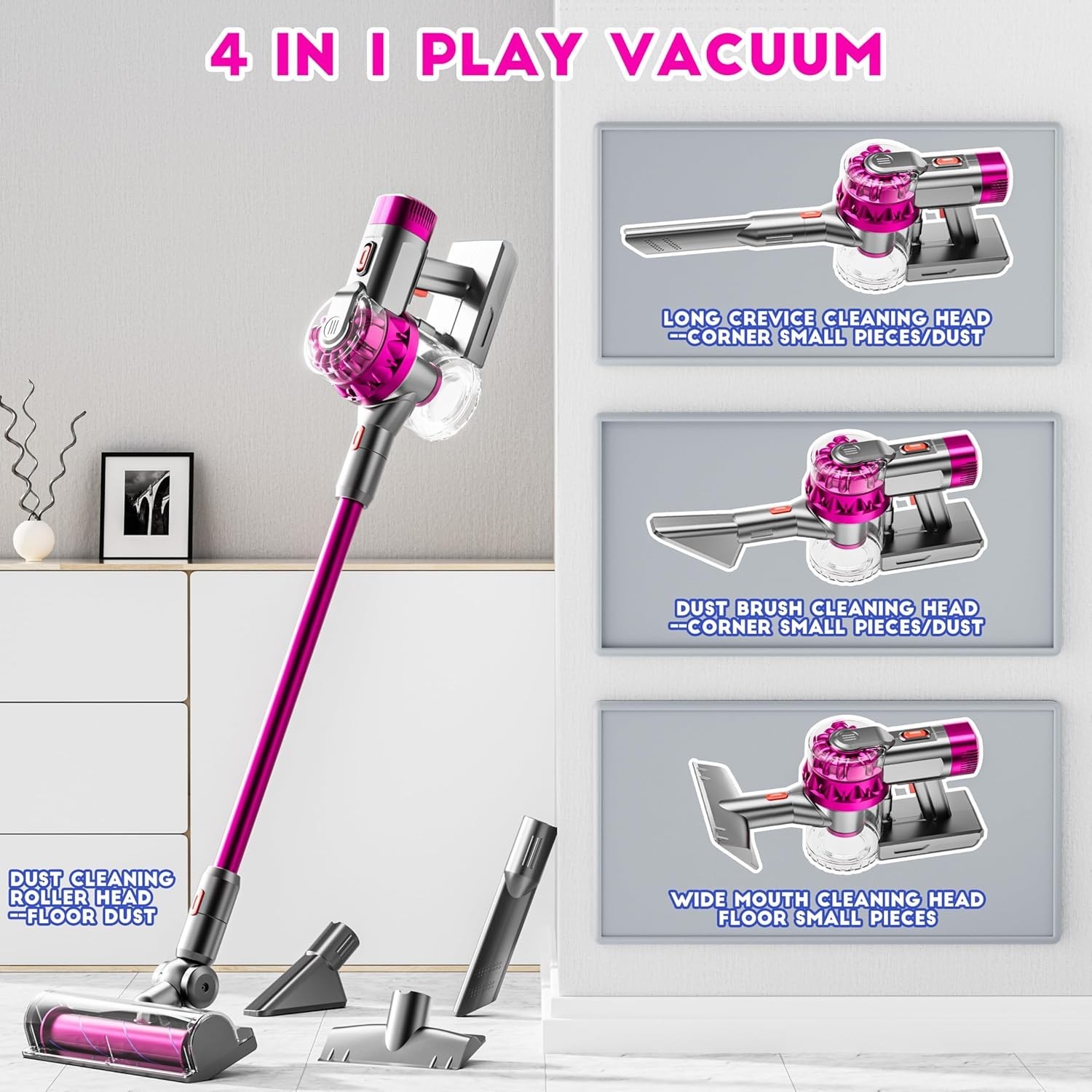 Kids Toy Vacuum Cleaner Set with Real Suction and Light, 4-in-1 Pretend Play