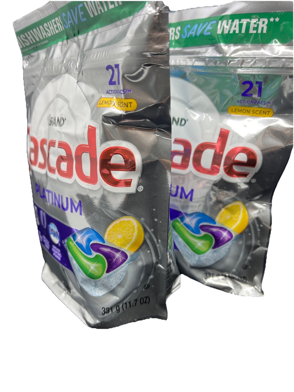2PK Cascade Platinum Dawn Dishwasher Cleaner Lemon Scent Total42 Action Pacs Pod