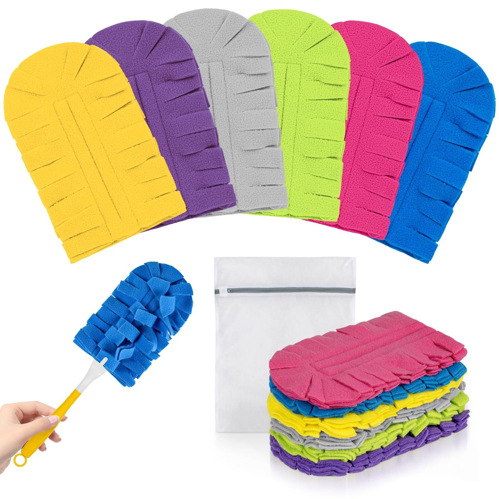 6 PCS Washable Fleece Duster Refills for Swiffer, 360° Cleaning Tool Set, Handle