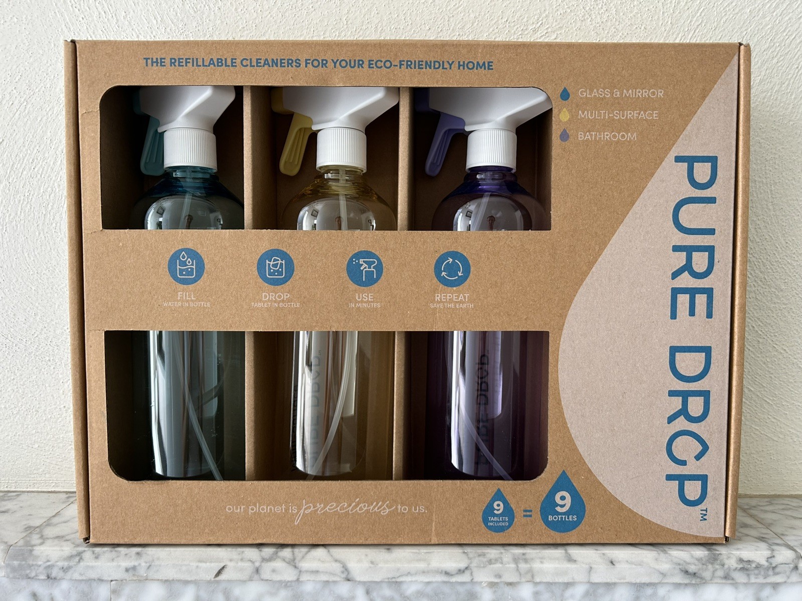 NEW! Pure Drop-Plastic Spray Bottles-26 oz Empty (3 Pack) & 9 Cleaner Tablets