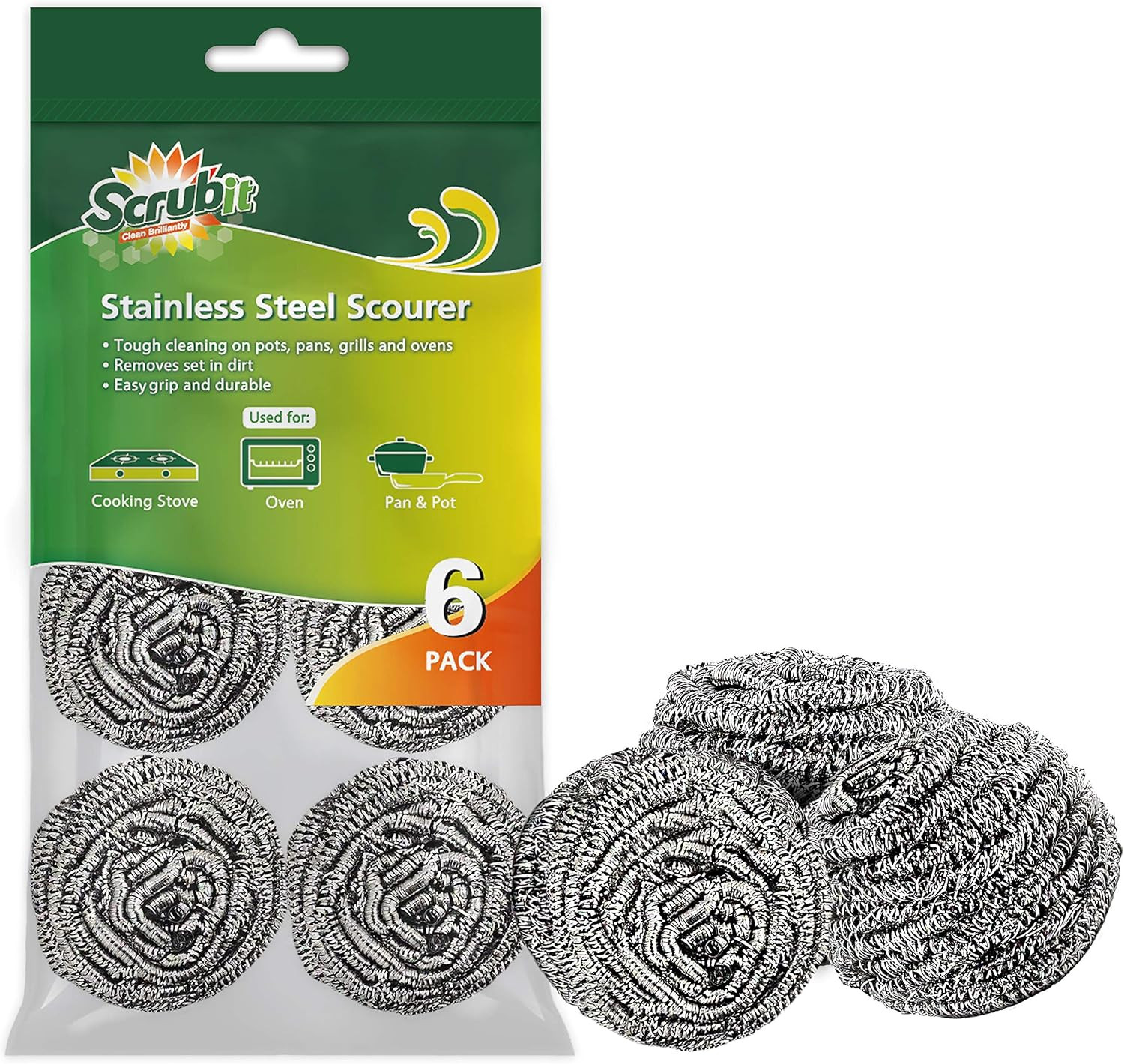 6 Pack Stainless Steel Scourers – Steel Wool Scrubber Pad Used for Dishes, Pots,