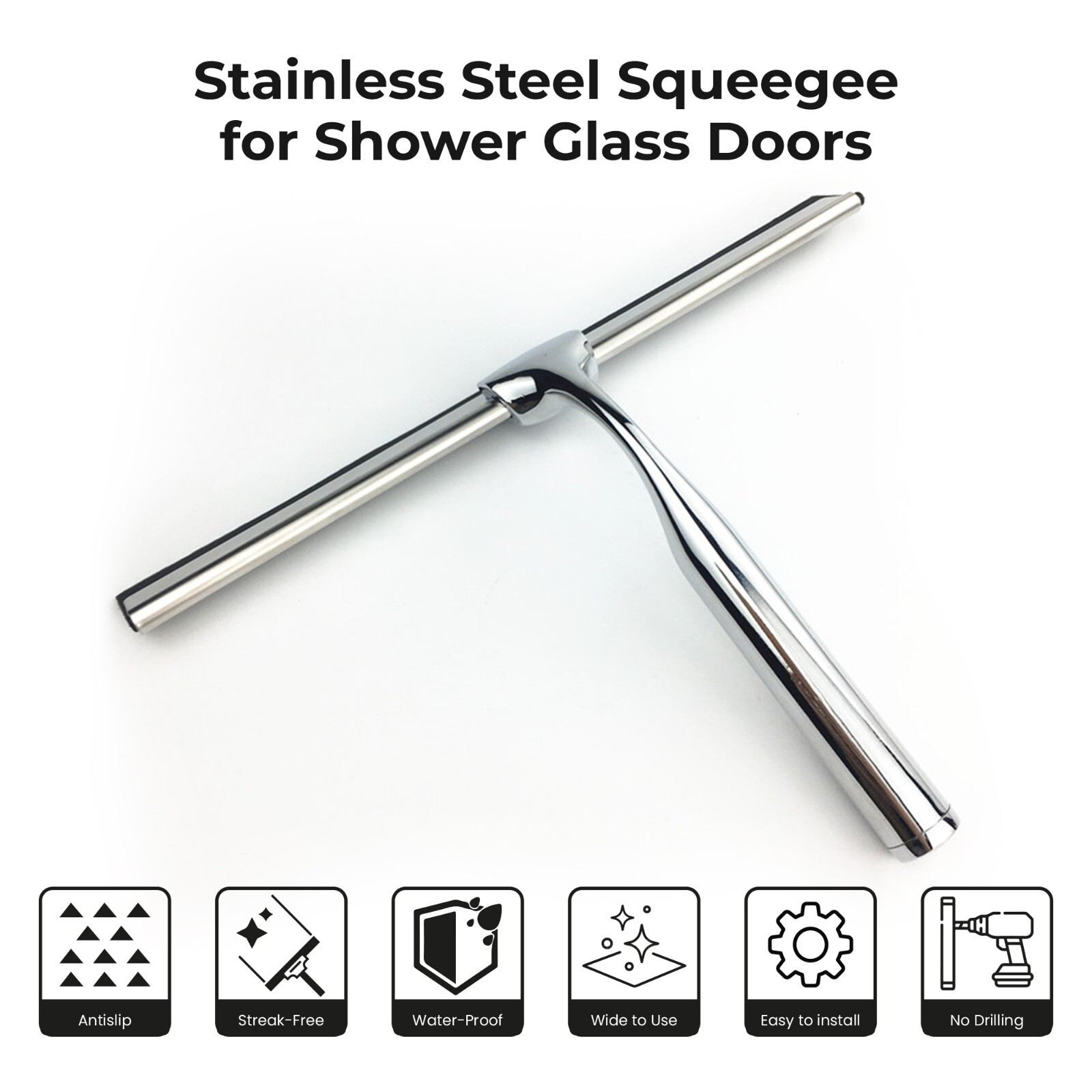 Squeegee for Shower Glass Door 10″ Silicone Blade Stainless Steel Chrome Handle