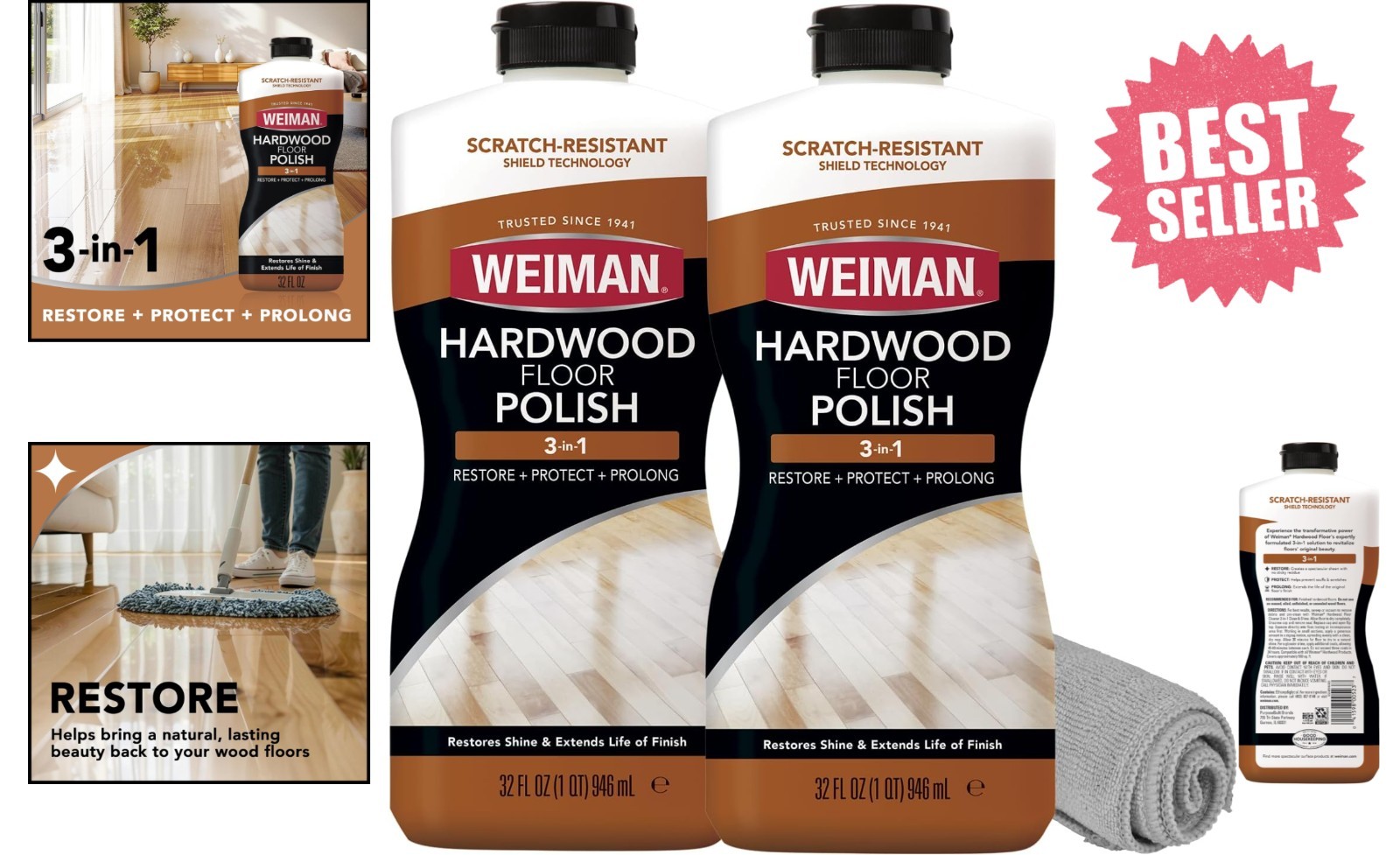 3PC Wood Floor Polish & Restorer – 32 Oz Bundle, Natural Shine & Scratch Removal