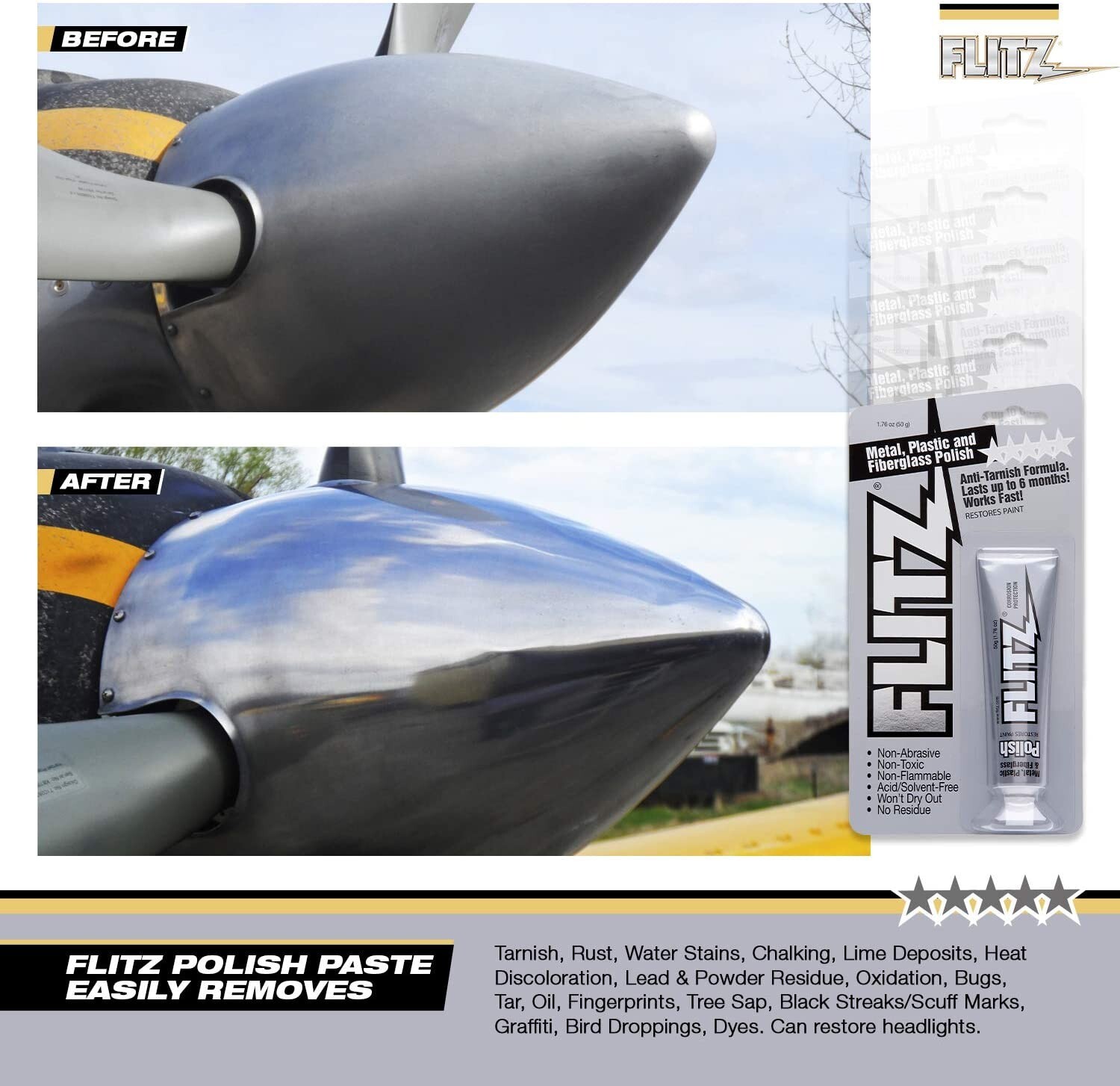 Flitz Metal Polish 3PK Plastic, Fiberglass Cleaning Waxing Paste 1.76 oz. Tube