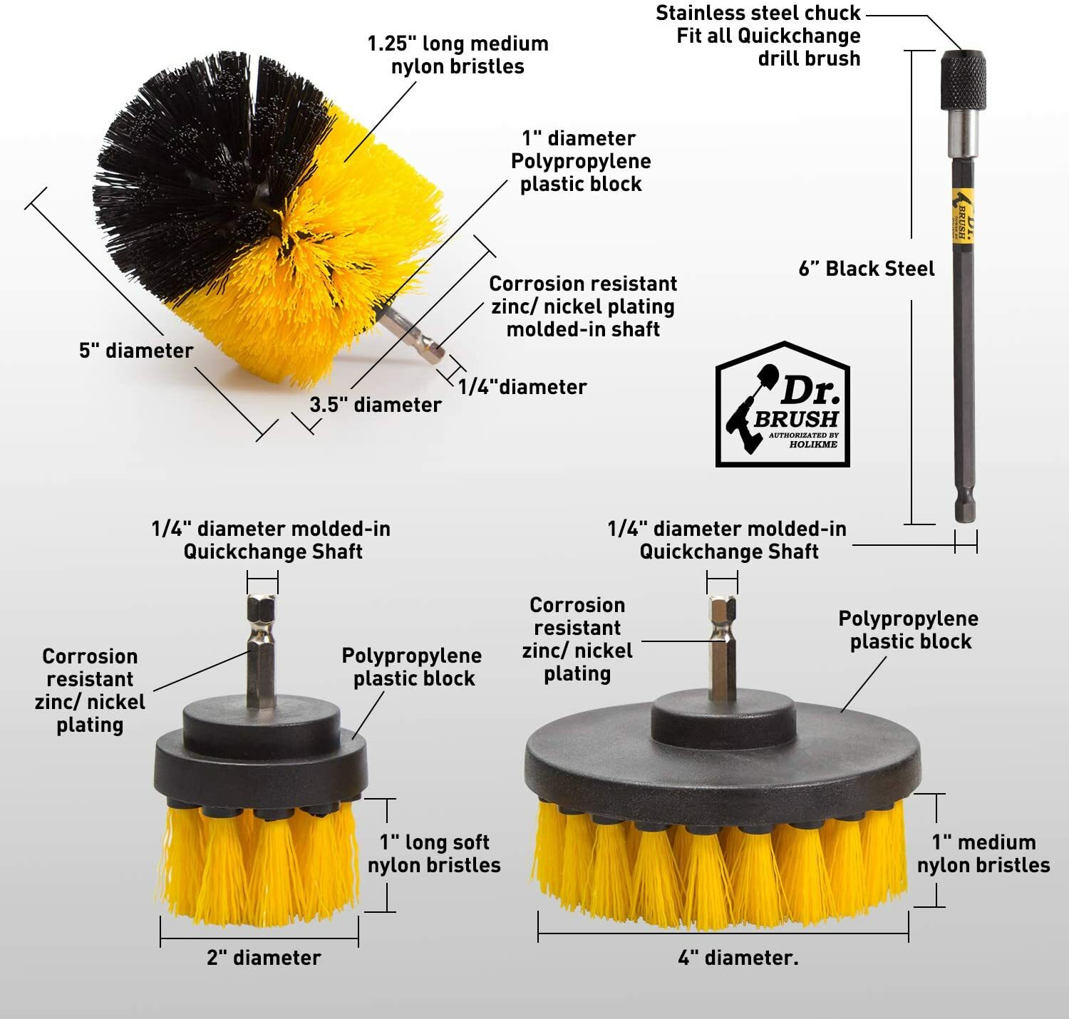 Drill Scrub Brushe Cleaning Extended Long Attachment Set 4 Pack Power Scrubber