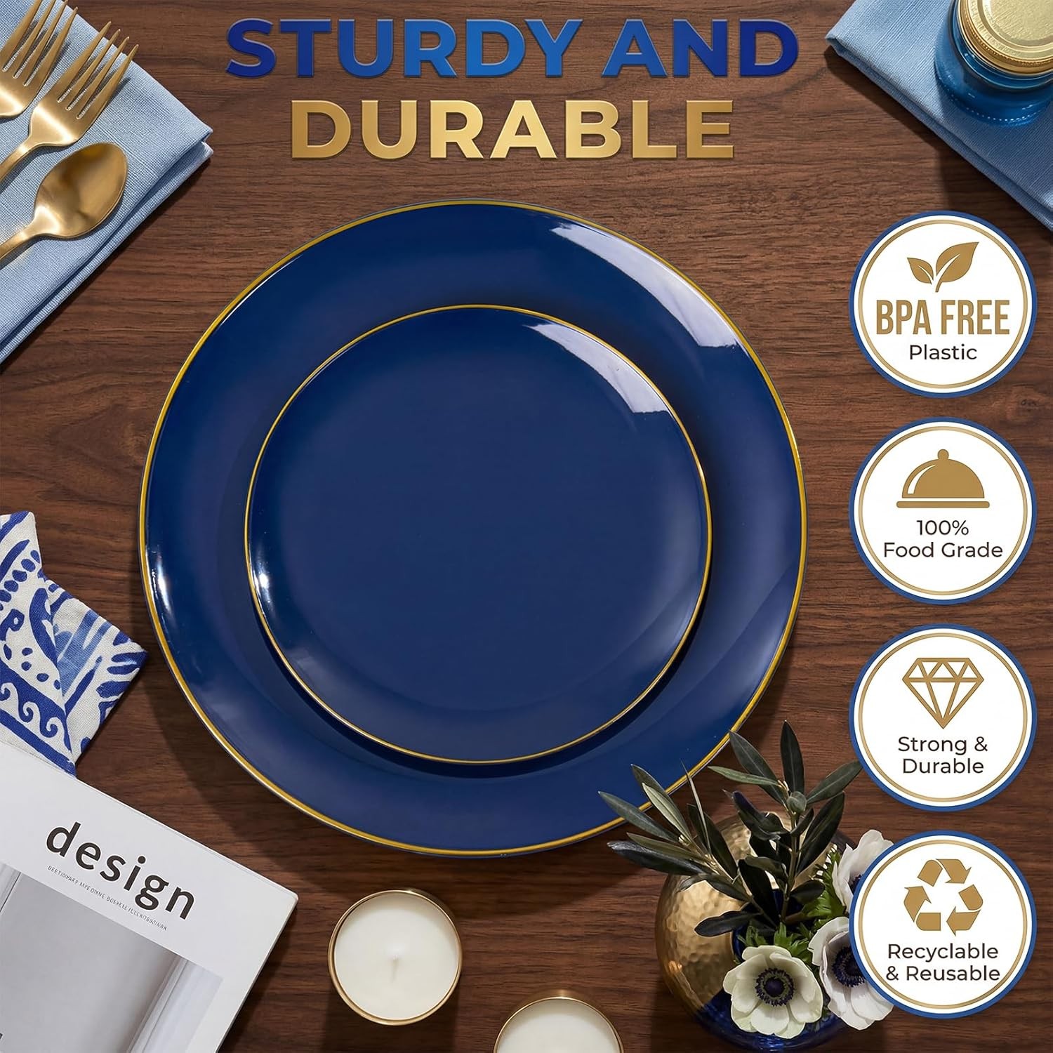 KIRE 175Pcs Blue Plastic Plates – Navy Blue Plates Disposable – 25 for Dinner