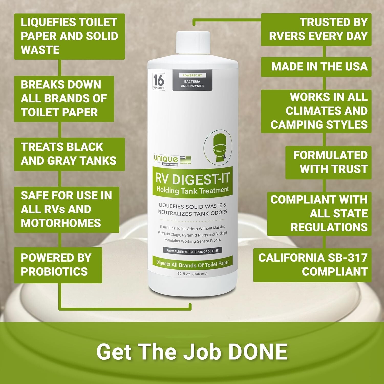 Unique RV Digest-It Holding Tank Treatment – Liquid 16 Treatments, 32 Oz.