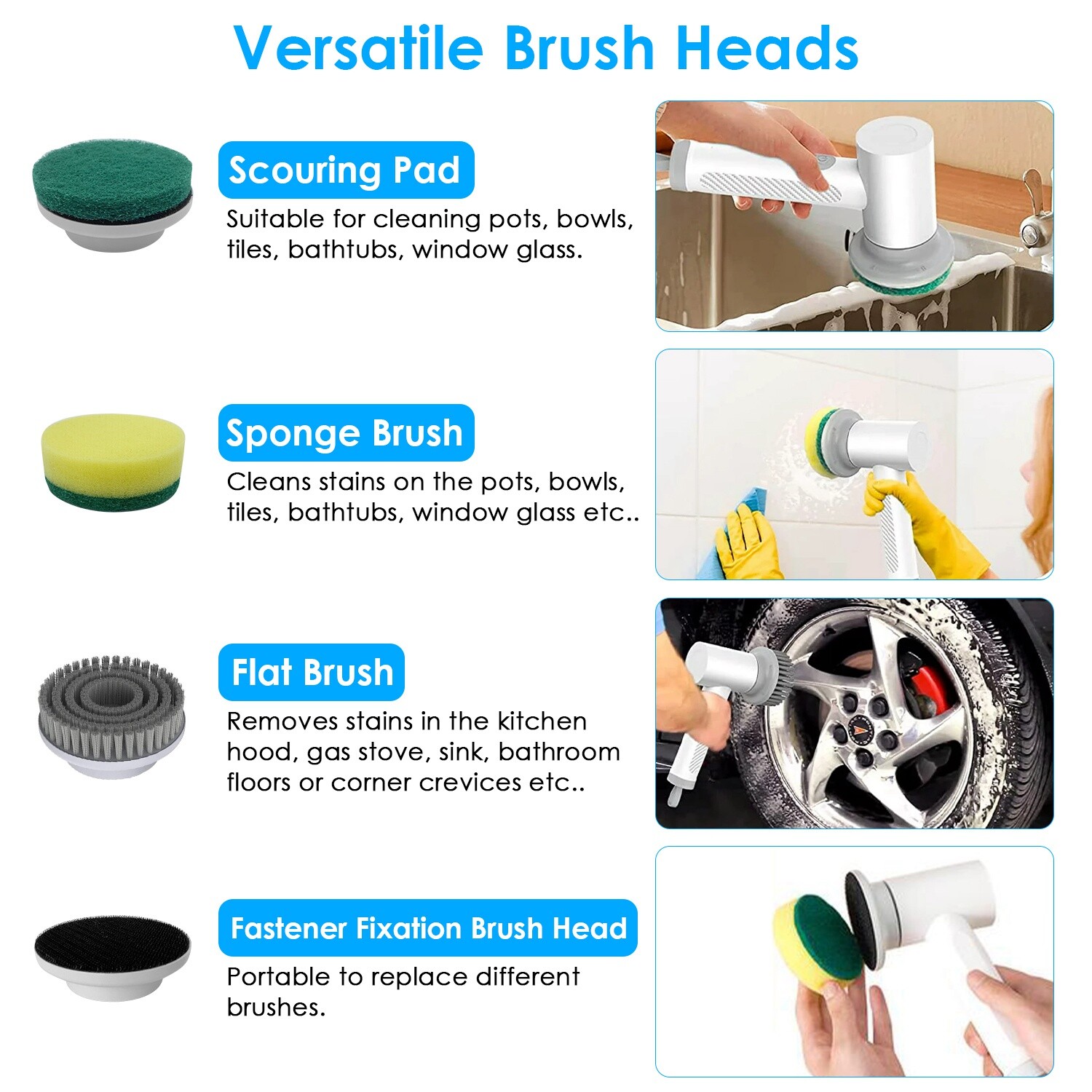 Electric Spin Scrubber Cordless Bath Tub Power Scrubber with Handle & 4 Heads
