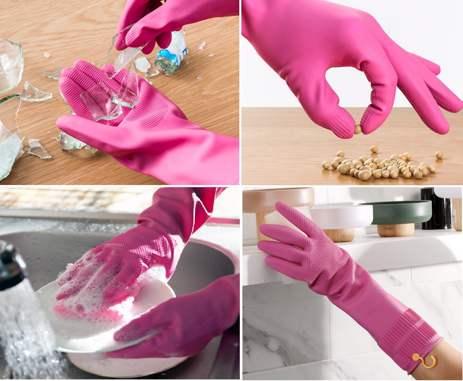 Hanging Dry Hook Dishwashing Cleaning Kitchen Latex Rubber Gloves (S/M/L/XL)