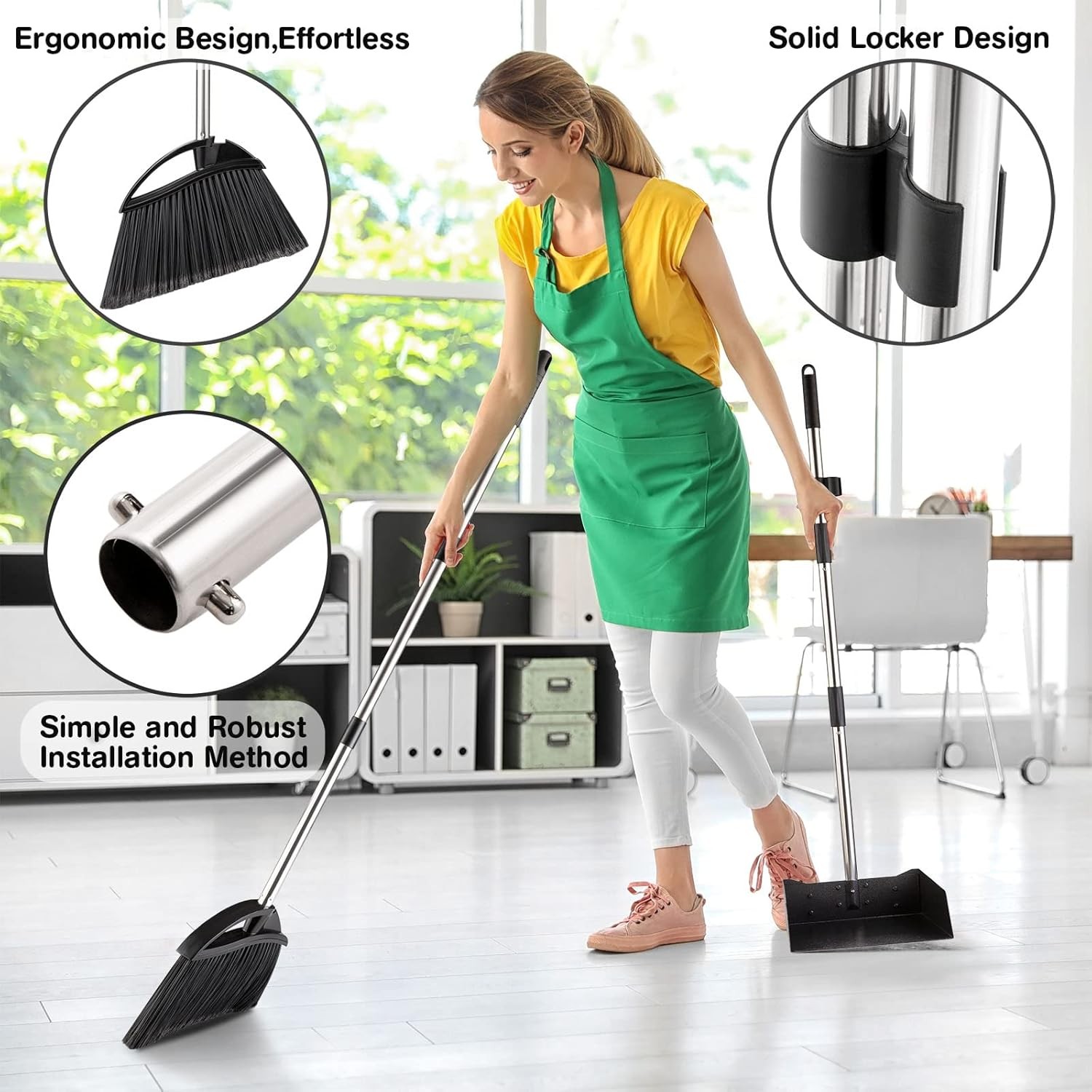 Long Handled Dust Pan and Broom Set for Home, Heavy Duty Metal