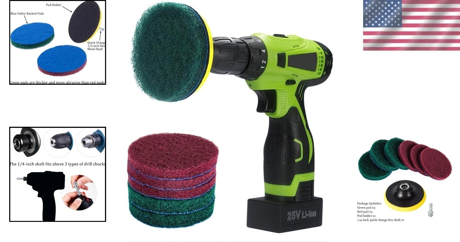 4-Inch Deluxe Drill Brush Cleaning Kit: Red & Green Pads for Efficient Scrubbing