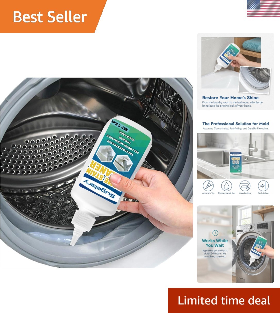 Versatile Mold Stain Cleaner Gel for Washing Machine & Bathroom Use – 5 fl oz