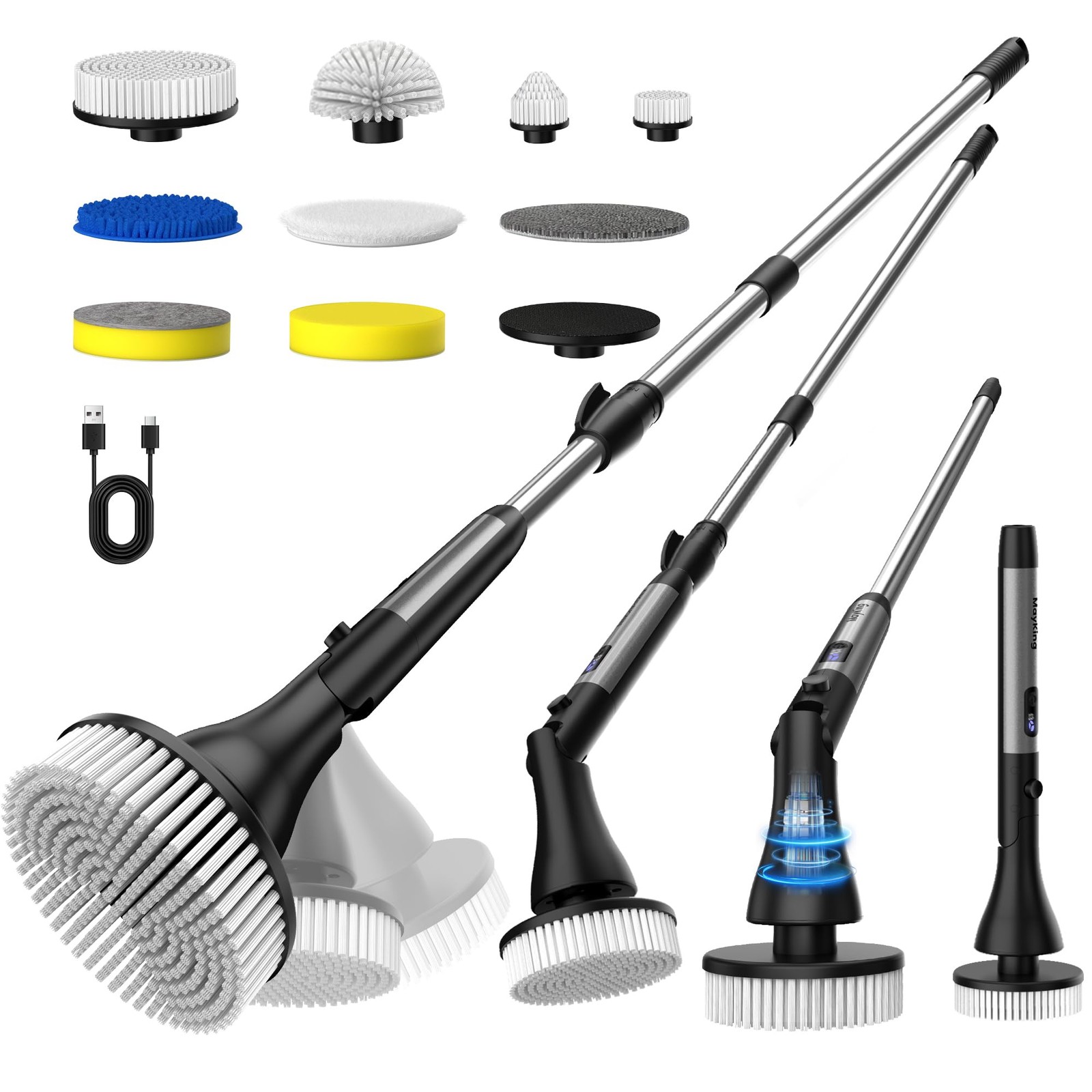MayKing Electric Spin Scrubber with 9 Brush Heads, 3-Angle & 4-Length Adjusta…
