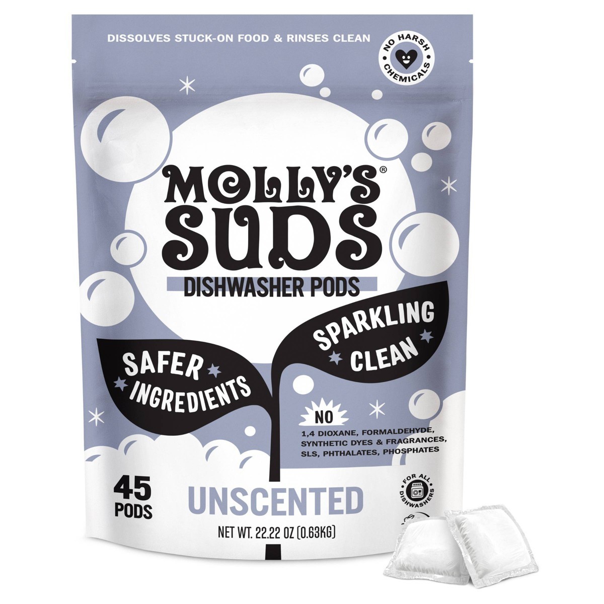 Molly’s Suds Dishwasher Pods, Unscented, 45ct, Paraben/Phosphate-Free, Vegan