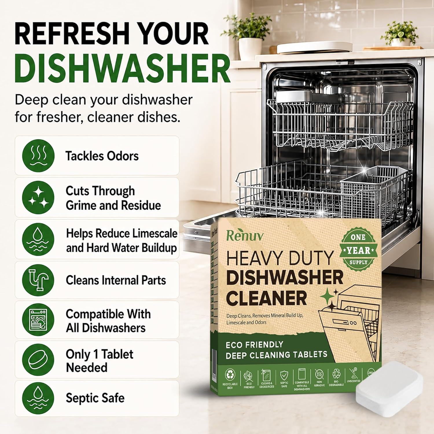 ® Heavy Duty Dishwasher Cleaner & Deodorizer Tablets, Descaler, Deep Cleaning, N