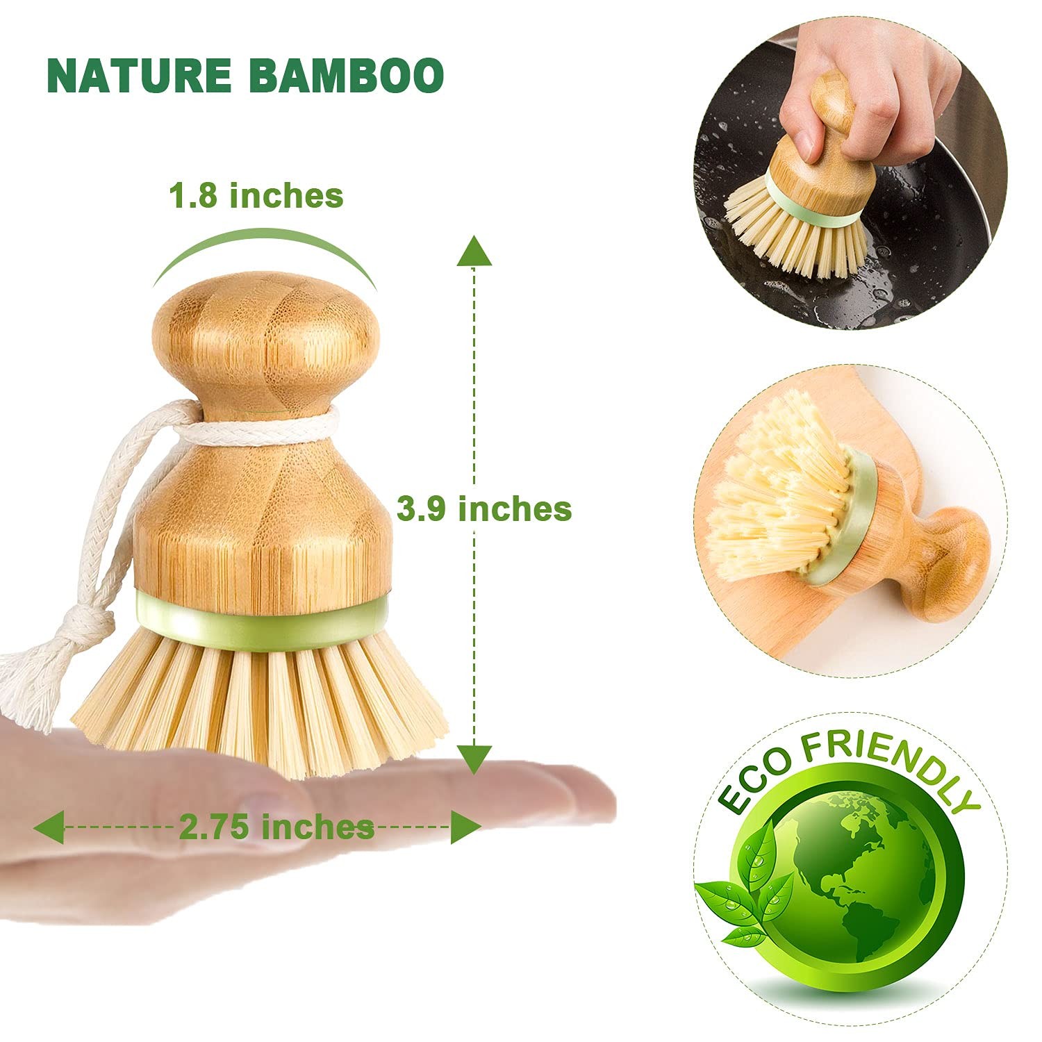 Bamboo Dish Brush, Scrub Brush for Dishes Pots Pans Kitchen Sink Cast Iron Sk…