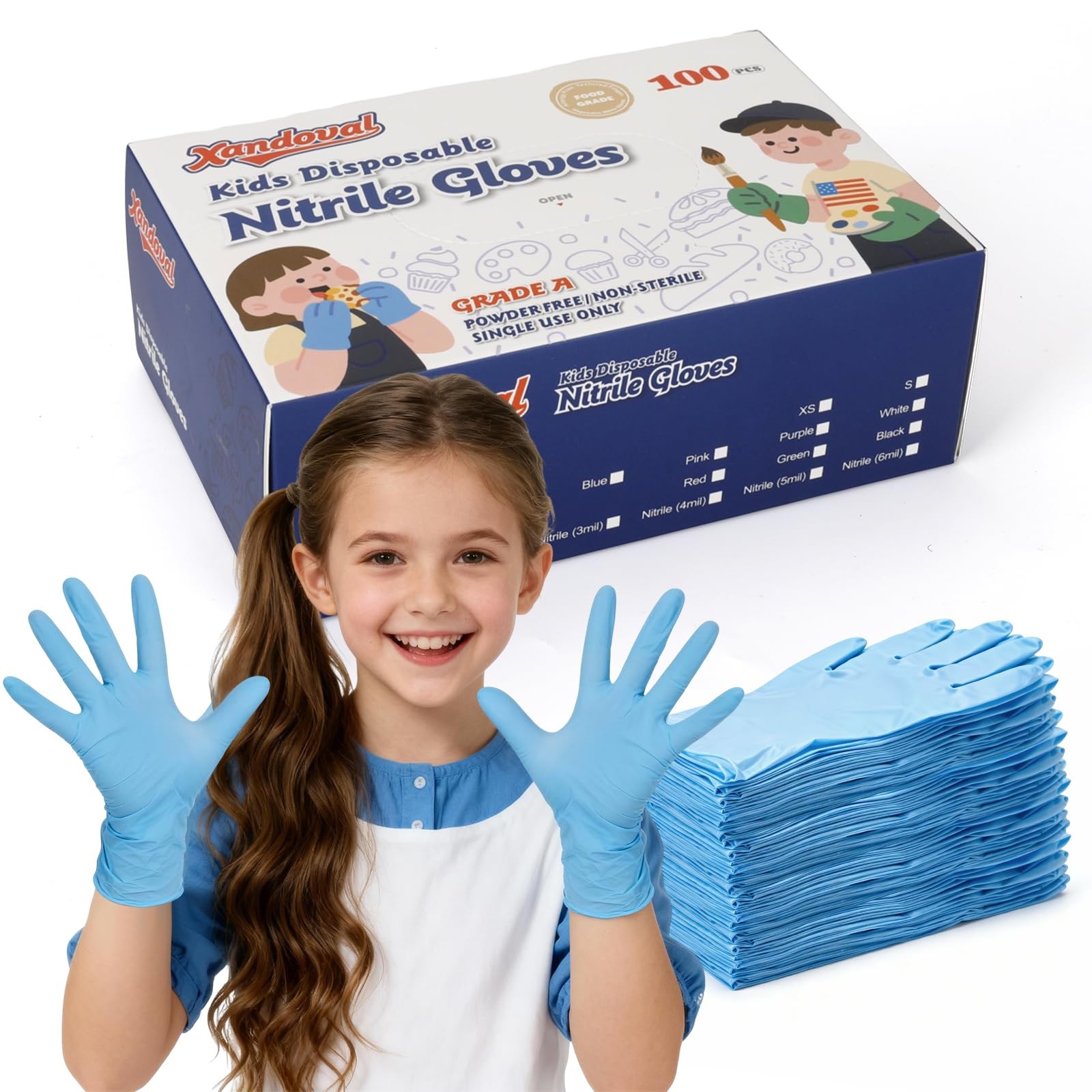 Xandoval Kids Nitrile Gloves for 6-10 Years, 5Mil Blue Small, of 100pcs