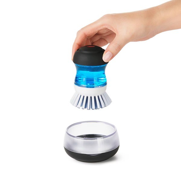 OXO Soap Dispensing Palm Brush Storage Set: Nylon Scrub Brush Reusable, Black
