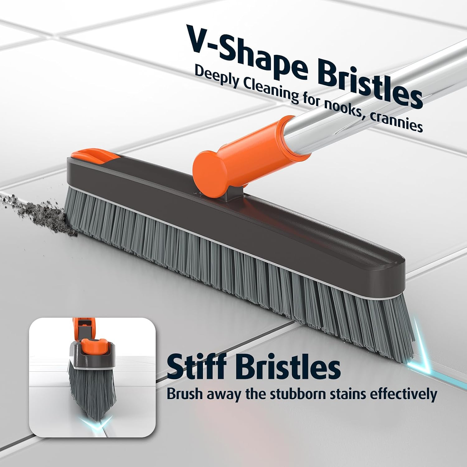 Grout Brush with Long Handle 180° Swivel Scrub Brush with Tweezers to Hair Clip