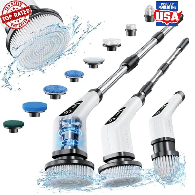 Cordless Electric Spin Scrubber 8 Brush Heads Adjustable Handle Fast Charging US