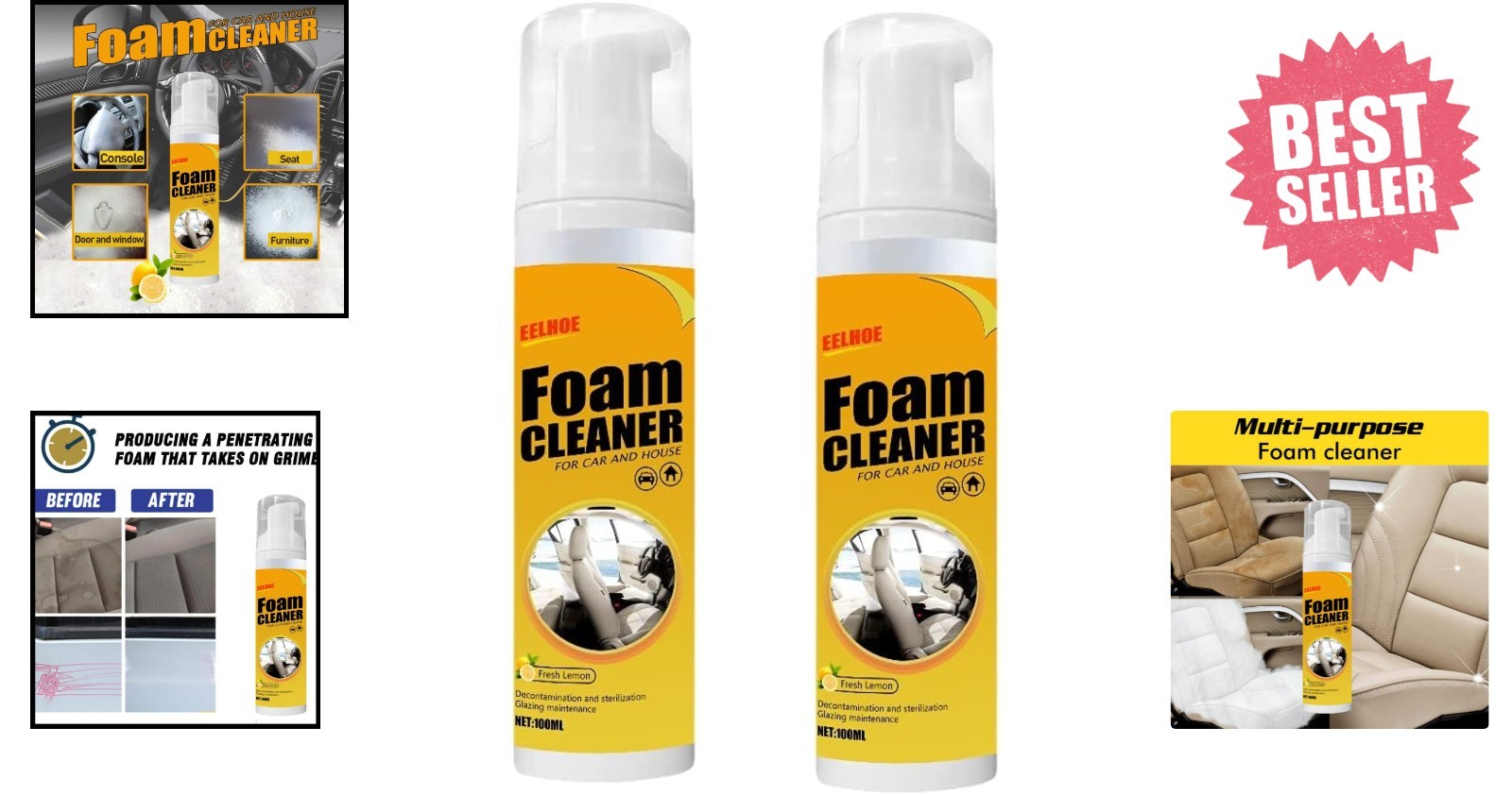 All-Purpose 100ml Foam Cleaner Spray Duo – Fresh Lemon Scent for Home & Car